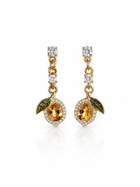 Gold Drop Earrings with Amber Crystal and Green Leaf